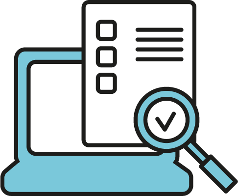 Picto d'un ordinateur avec un questionnaire et une loupe
